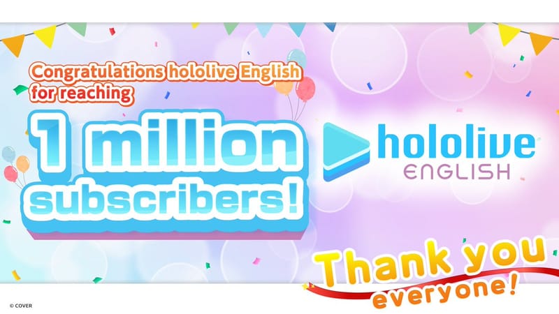 hololive English 官方 YouTube 频道订阅数突破 100 万